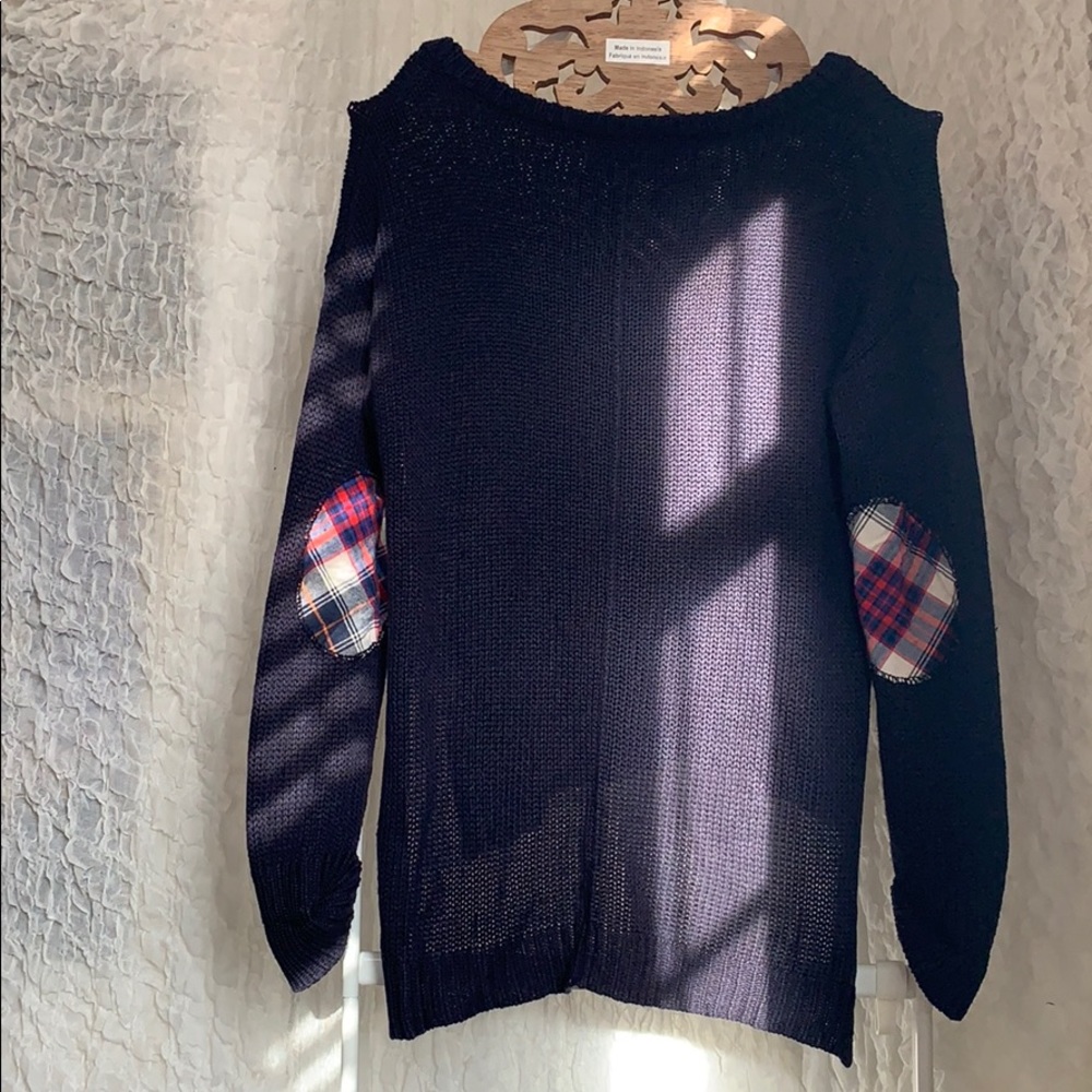 Hi Low Navy Knit Sweater with Plaid Elbow Patches